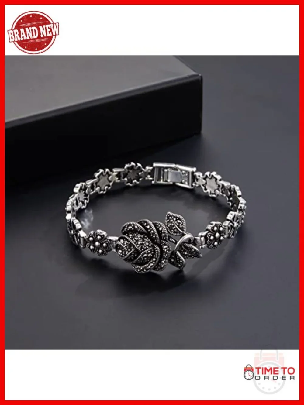 Vintage Black Onyx Marcasite Rose Bangle Bracelet Silver Chain Link